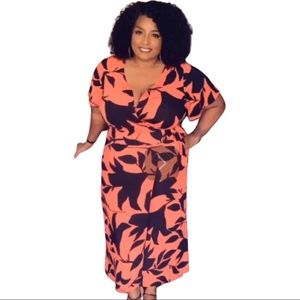 Ashley Stewart Wrap Midi Dress Size 18/20 Orange and Black Leaf Print